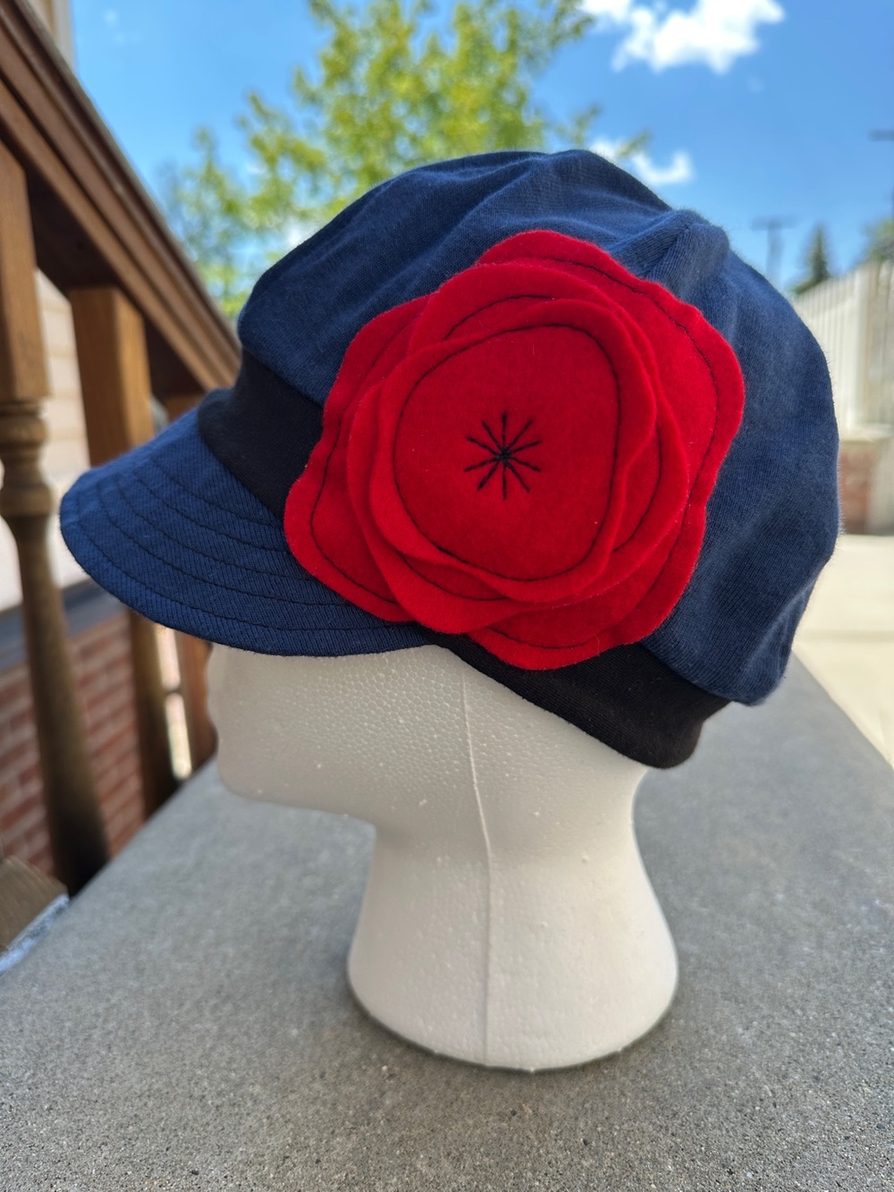 100% Organic Cotton stretch cap baseball style hat navy Blue Red flower accent